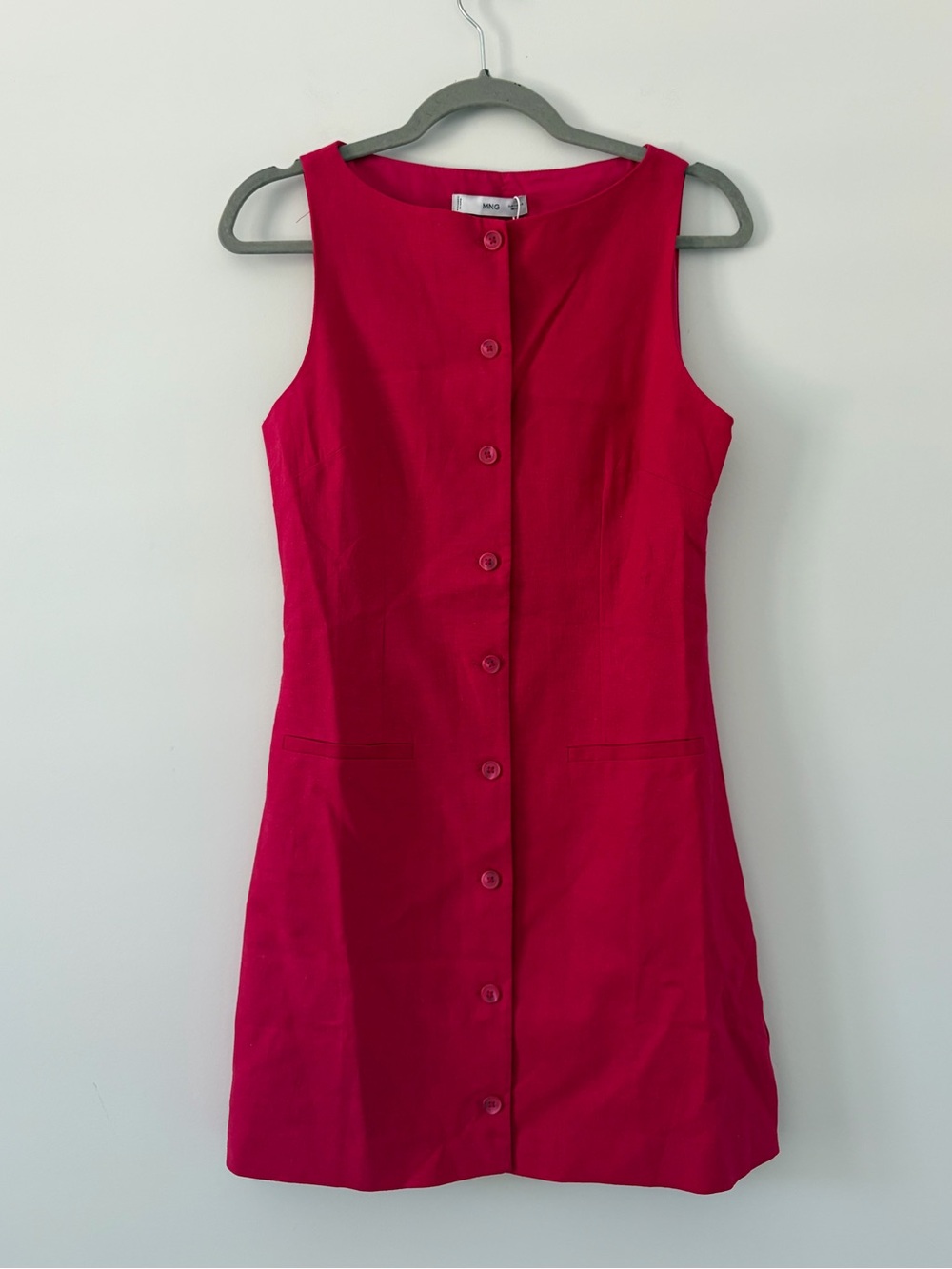 MNG Mango Sleeveless Button Down Linen Blend Mini Vest Dress Strawberry Pink NWT